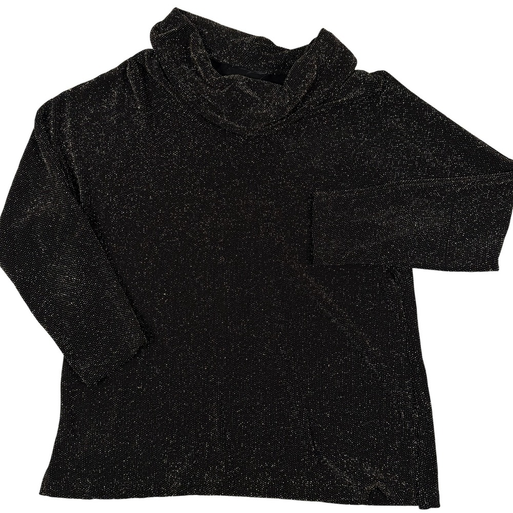 Vintage Metallic Lined Shirt Medium Black Gold Cowl Neck LS Shimmer Top Holiday